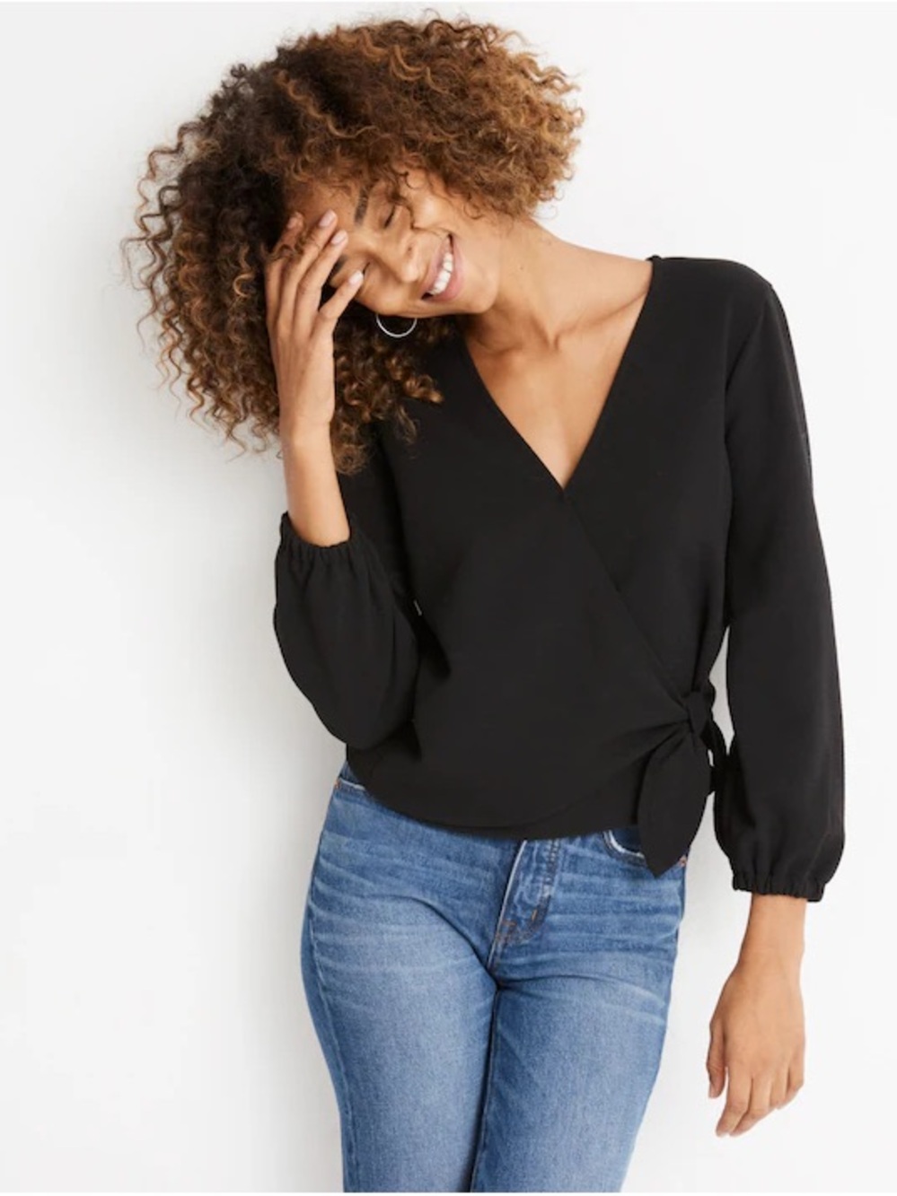 Madewell Texture & Thread Black Crepe Wrap Blouse V Neck Long Sleeve Office XS